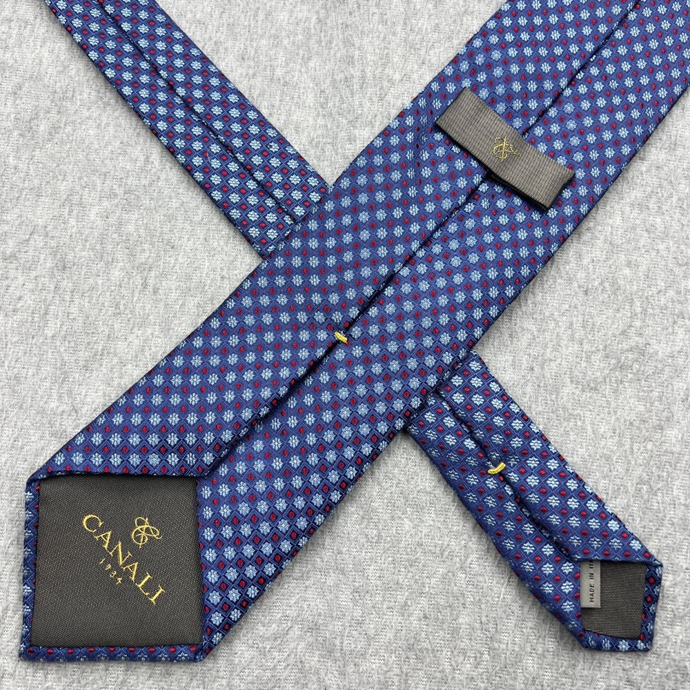 Canali 1934 Tie 100% Silk Blue Geometric Floral Medallion Check Italy Luxury